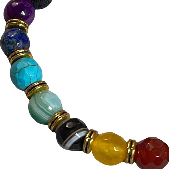 7 chakras faceted beads & round black lava stone beaded stretchy bracelet NEW - Picture 3 of 9